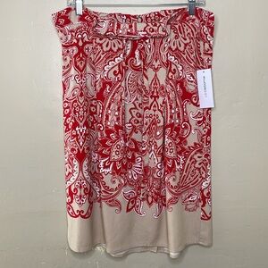 LIZ CLAIBORNE Skirt Red & Tan Paisley Paper Bag Waist Attached Belt Rayon
